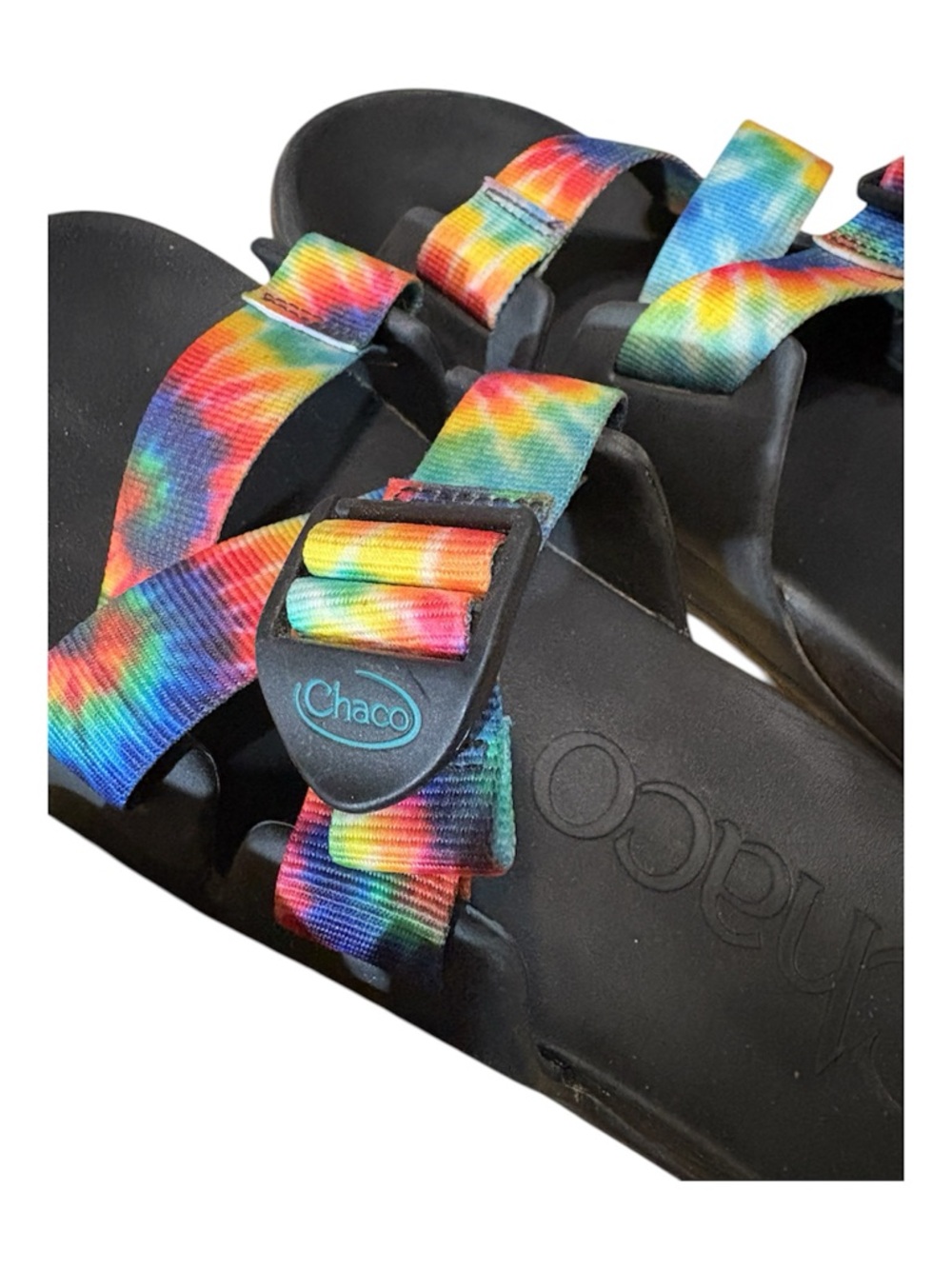 Chaco Slide Sandals in Beige and Black with Rainbow Tie-Dye Straps - Picture 3 of 11